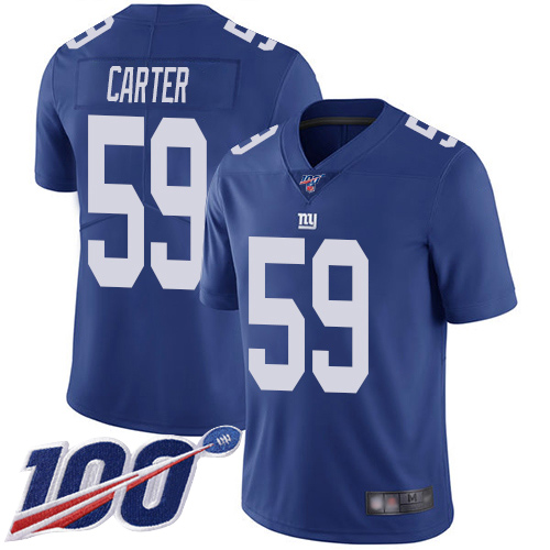 Men New York Giants #59 Lorenzo Carter Royal Blue Team Color Vapor Untouchable Limited Player 100th Season Football NFL Jersey